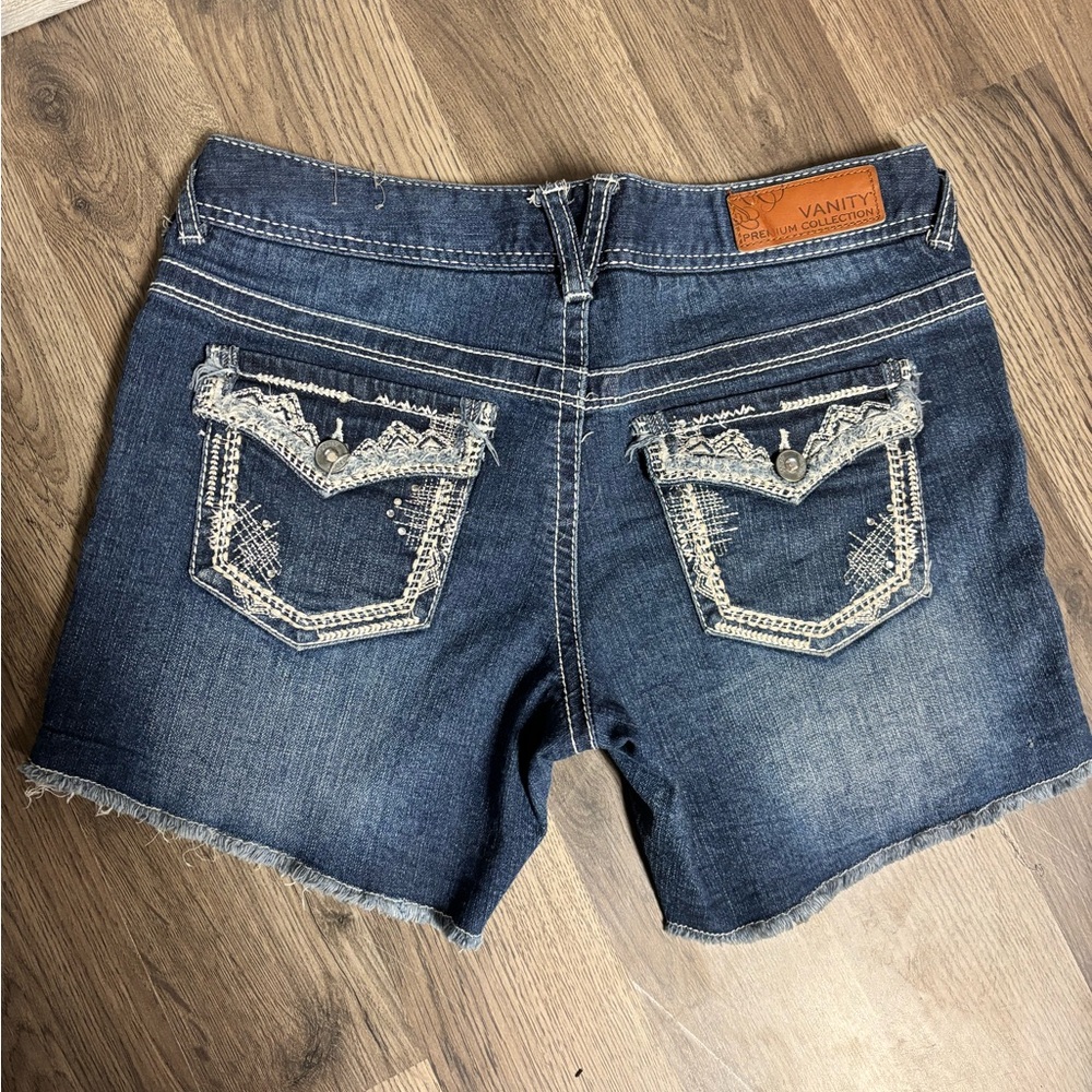 Vanity Women's Dark Blue Jean Shorts with Embellished Pockets